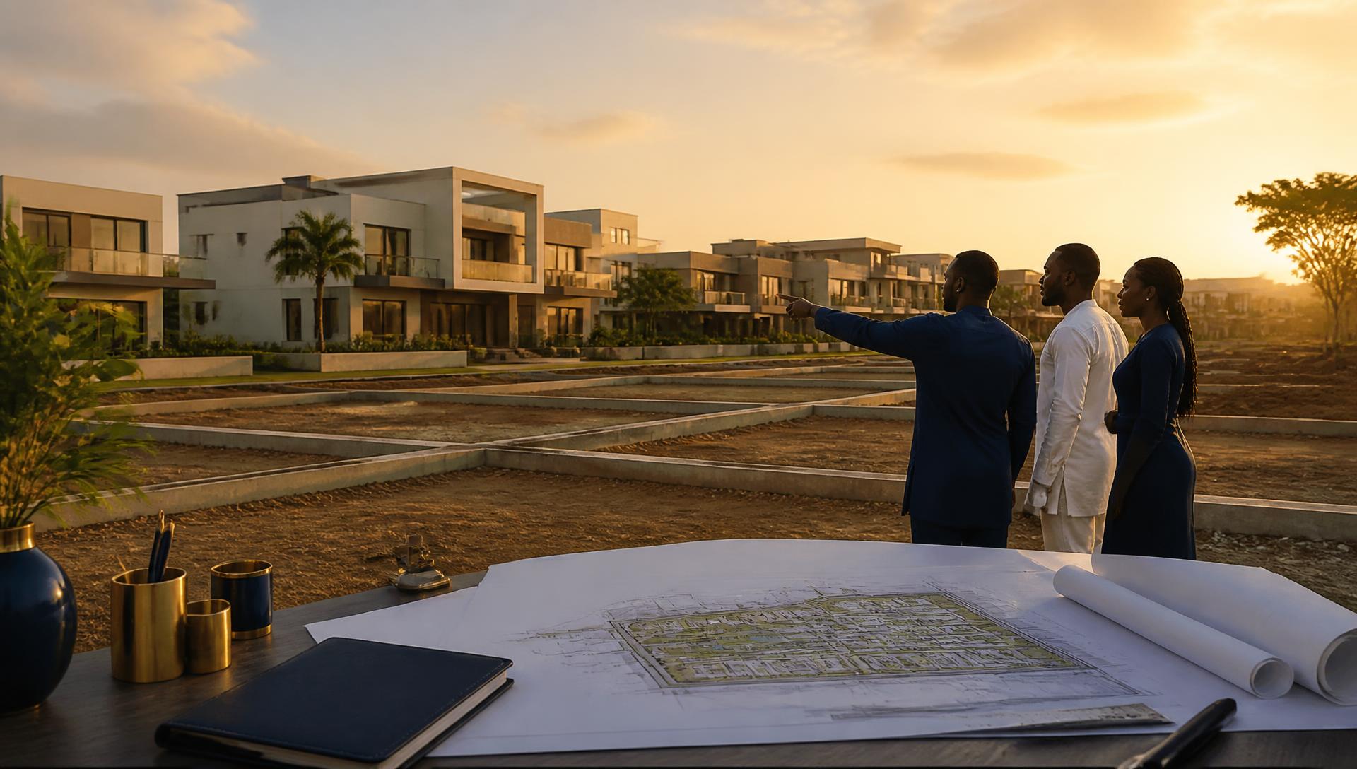 Developers reviewing a residential estate site plan at sunset