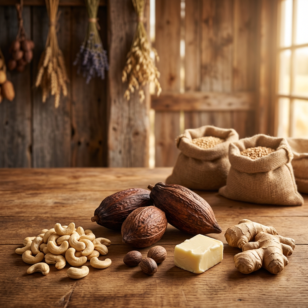 Raw cashew nuts, cocoa pods, shea nuts, shea butter and ginger roots arranged on a rustic wooden surface