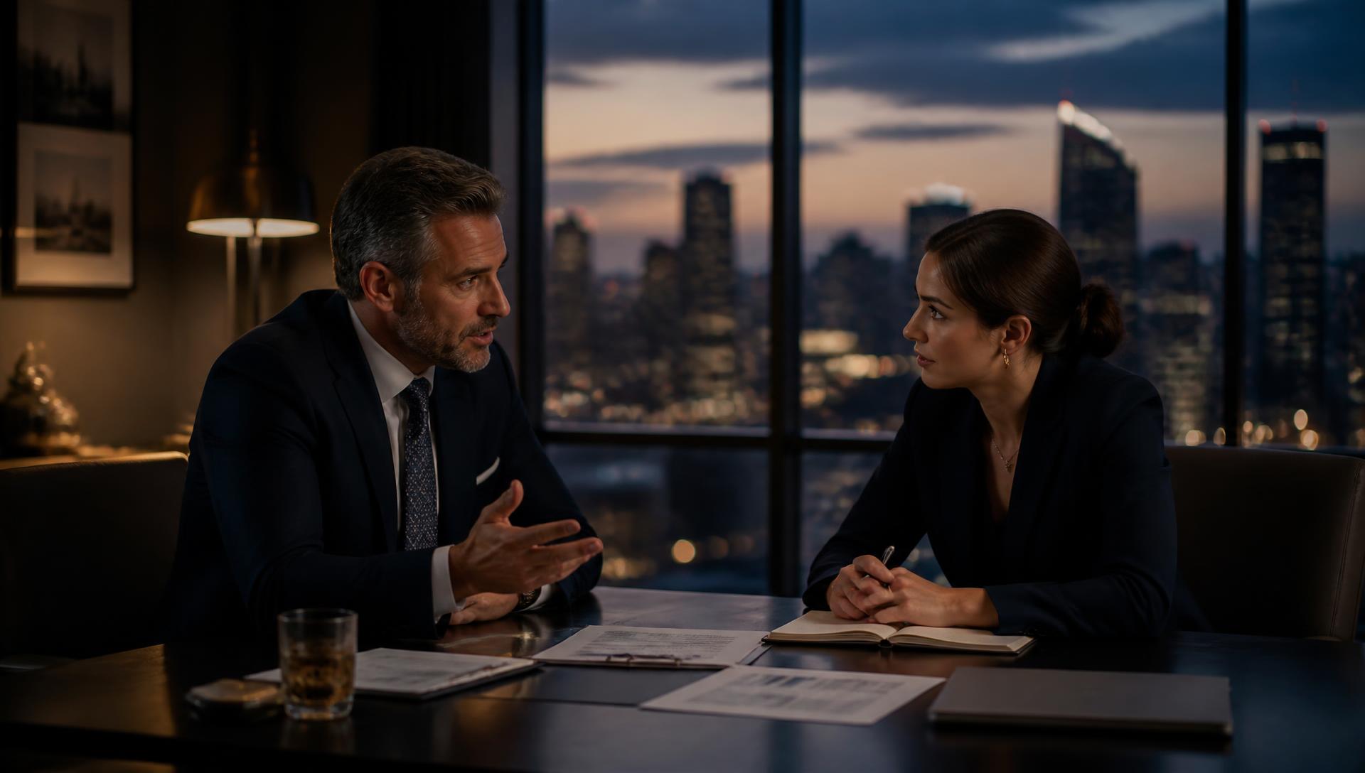Two business professionals in a focused one-on-one strategy conversation